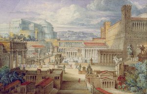 Una escena en la antigua Roma, un escenario para Tito Andrónico, Acto I, escena 3 de Joseph Michael Gandy